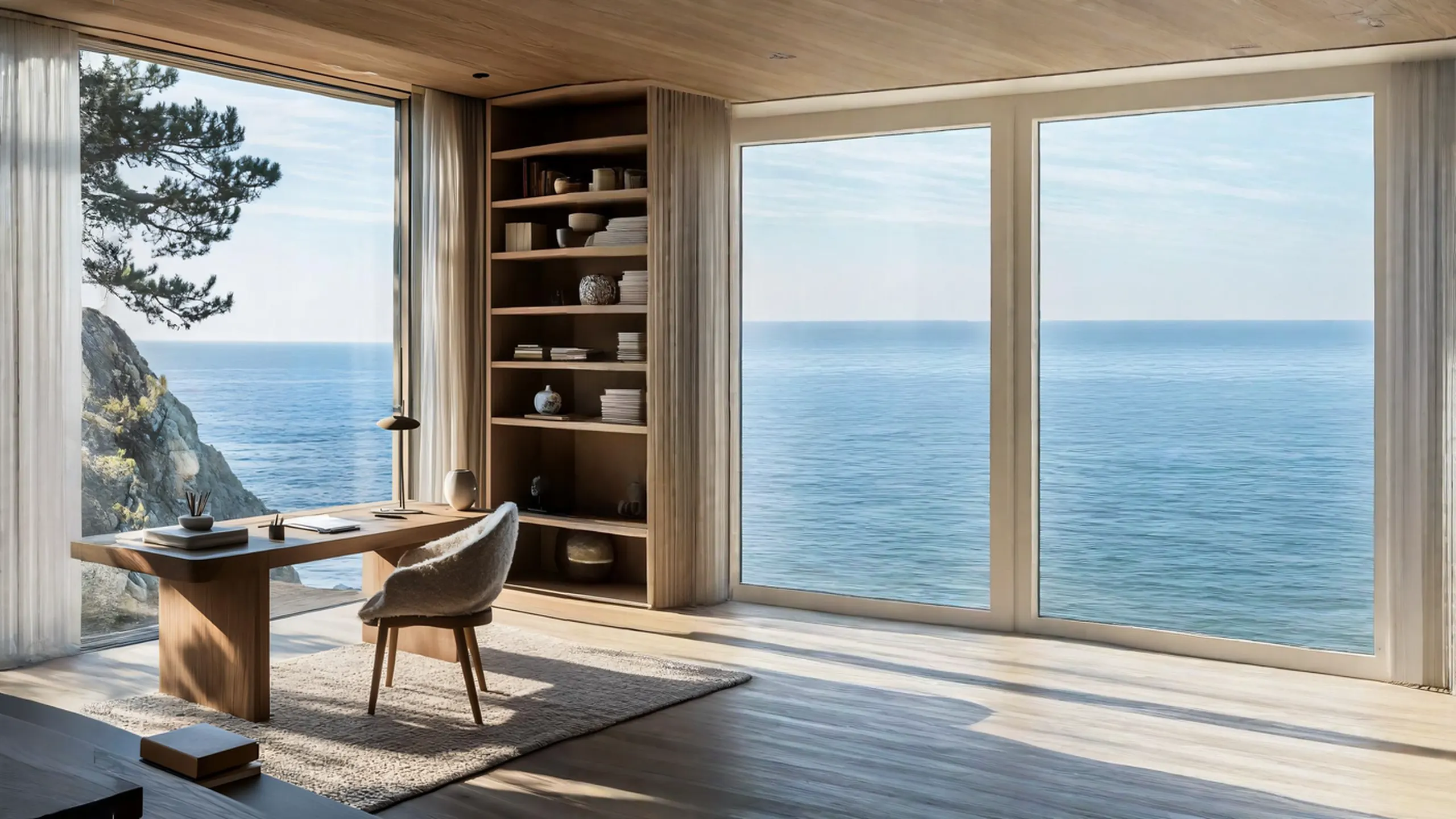 A desk facing the ocean in a contemporary house, oak shelving and a full-height window