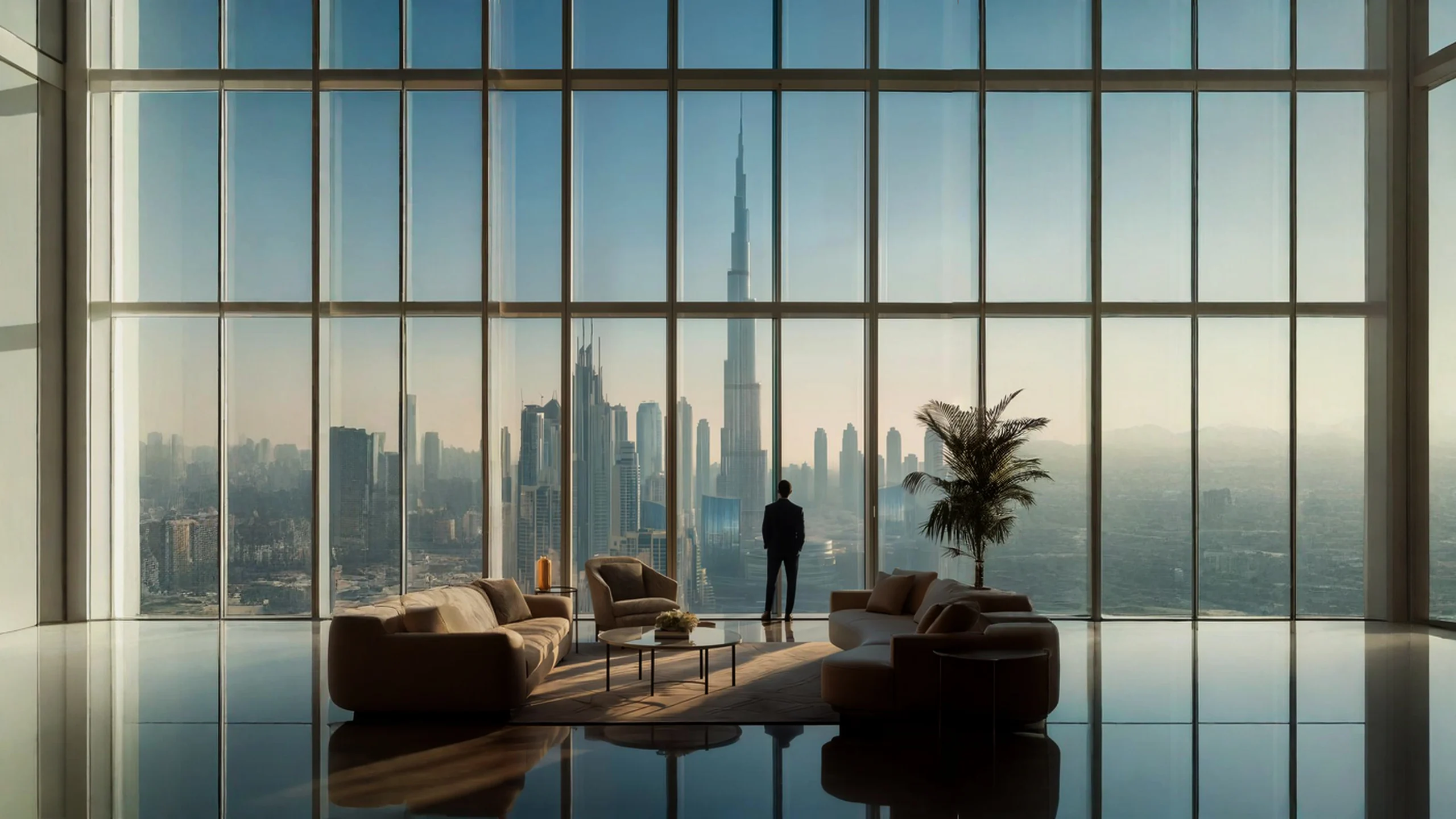 Living room of a panoramic penthouse facing the Dubai towers