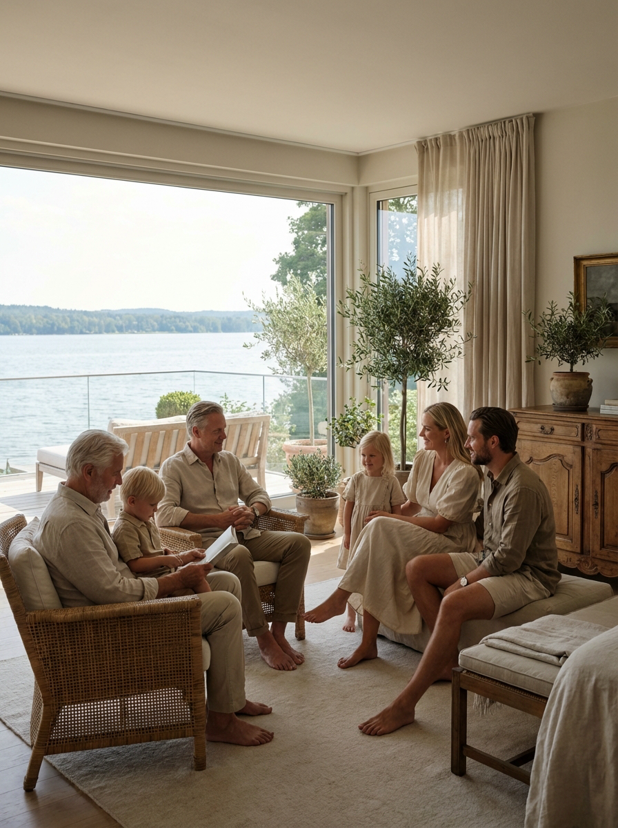 Family gathered in a lakeside luxury residence