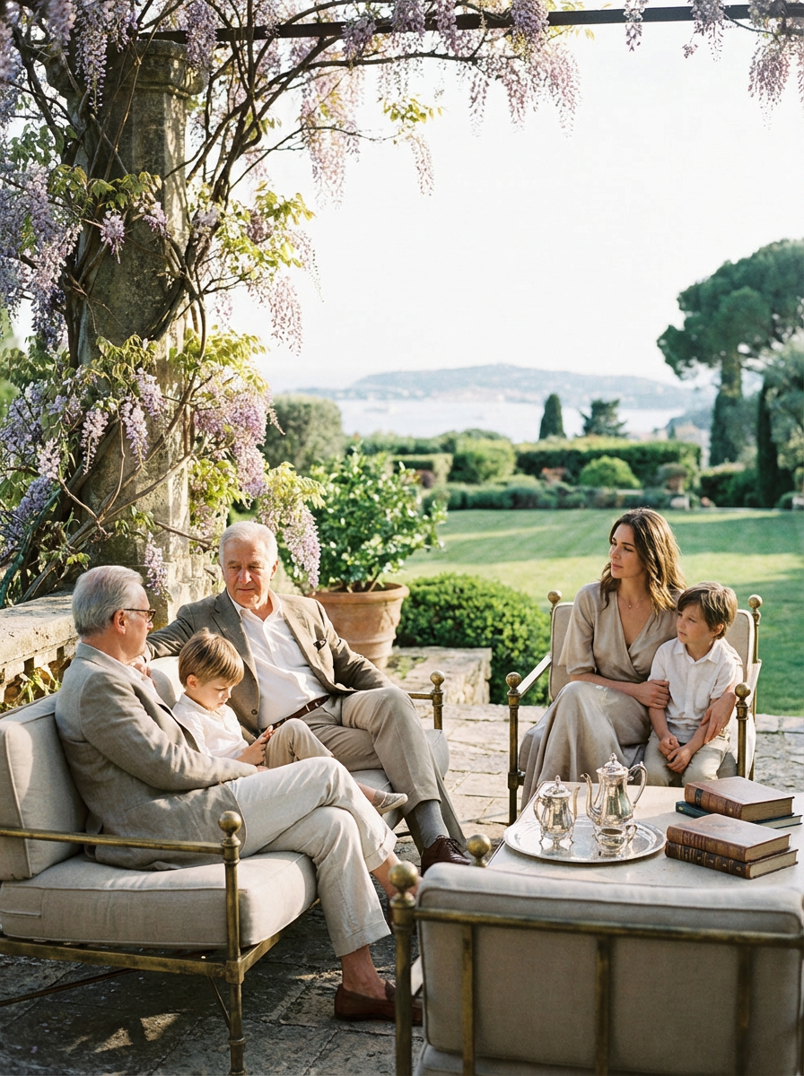 Family seated in a formal garden of a grand estate