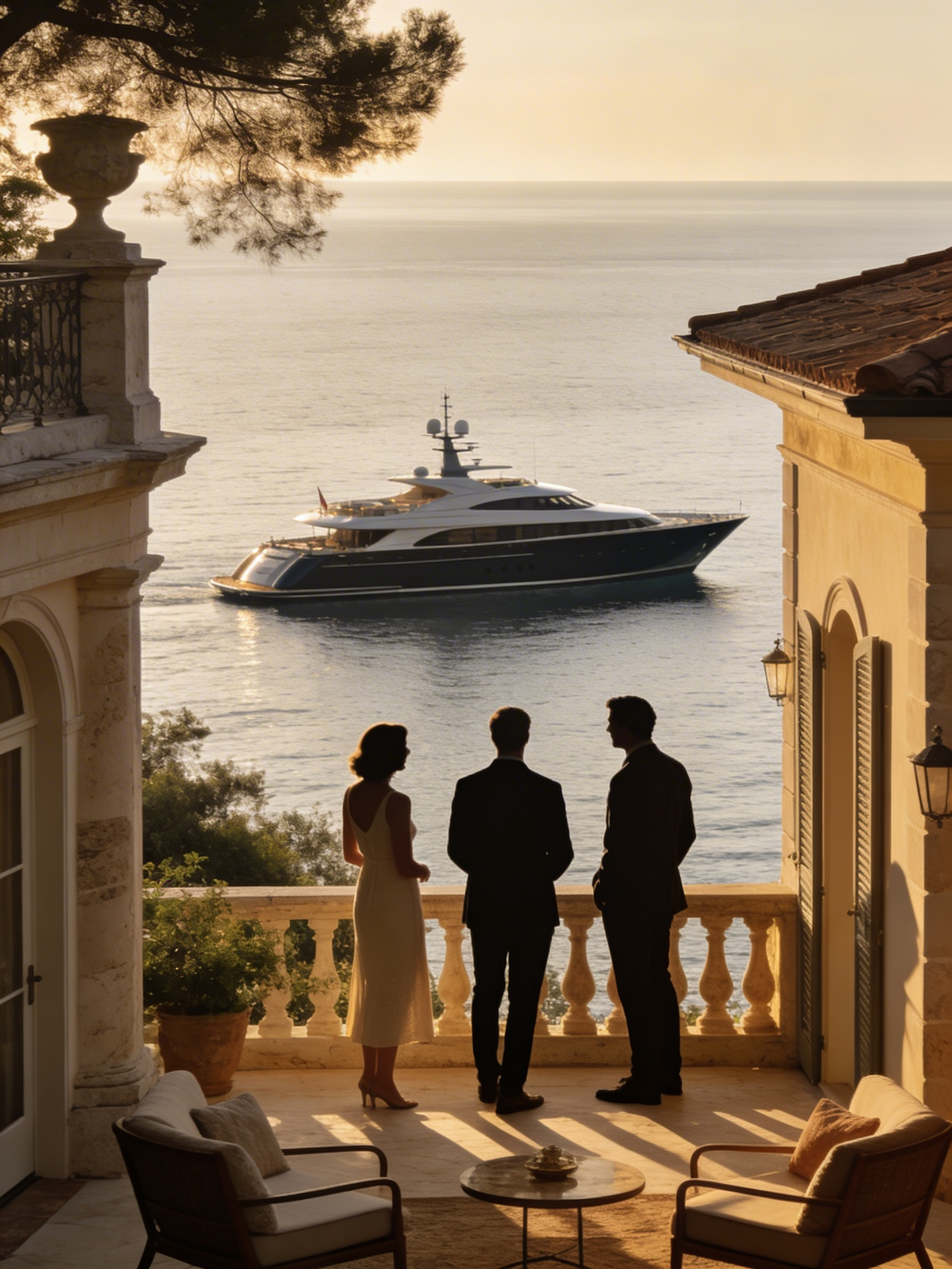 Mediterranean estate terrace overlooking a yacht at sea