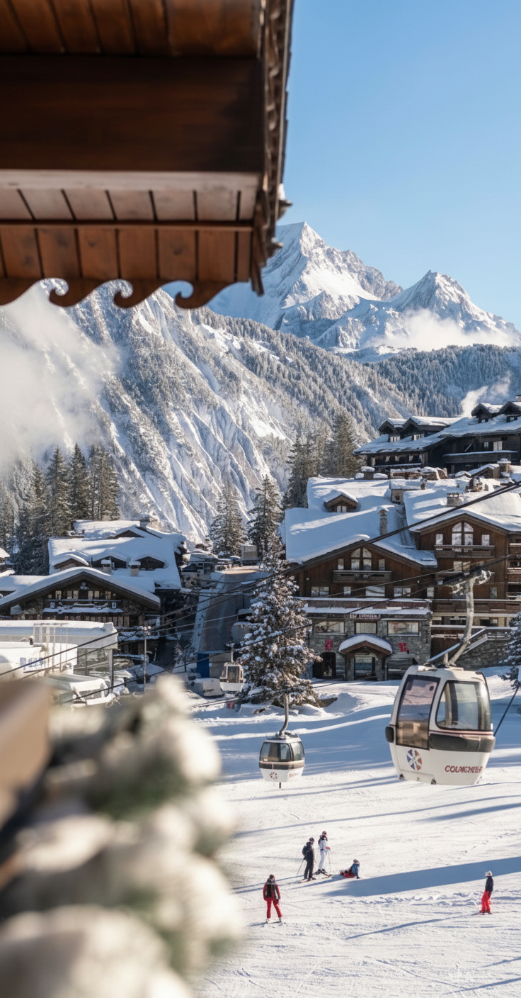 View over an alpine luxury residence and ski village