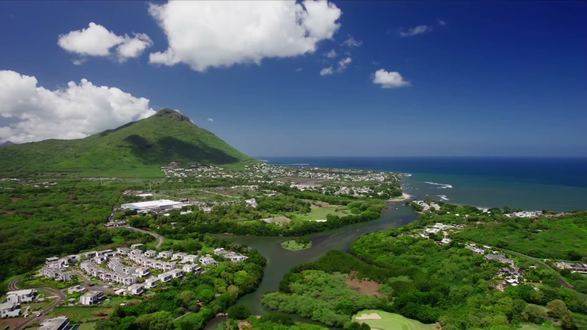 Aerial view of Tamarin Bay and the mountain, west coast of Mauritius