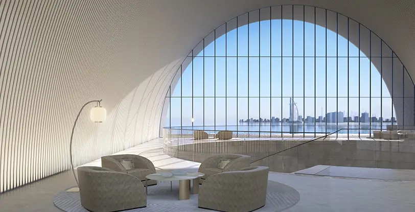 Lounge beneath Tadao Ando's concrete arch, sea view — Armani Beach Residences