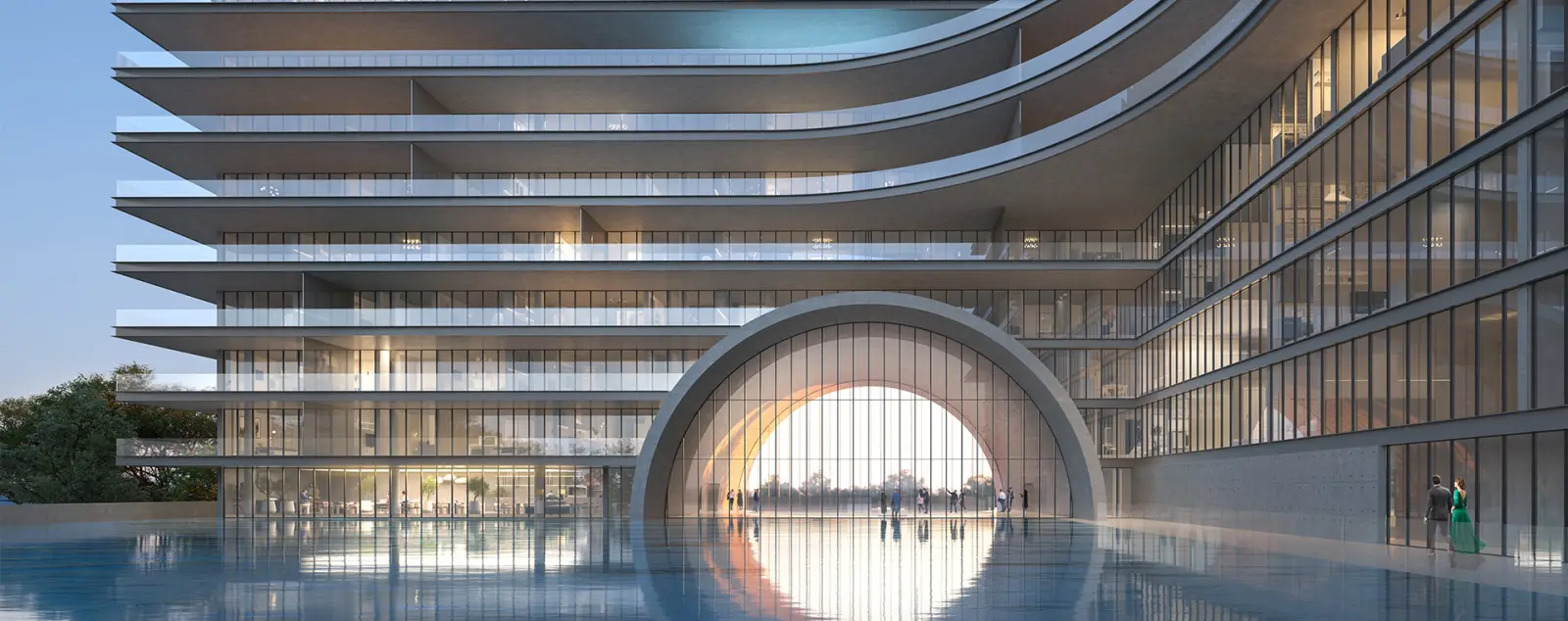 Tadao Ando's concrete arch opening onto the infinity pool — Armani Beach Residences, Palm Jumeirah