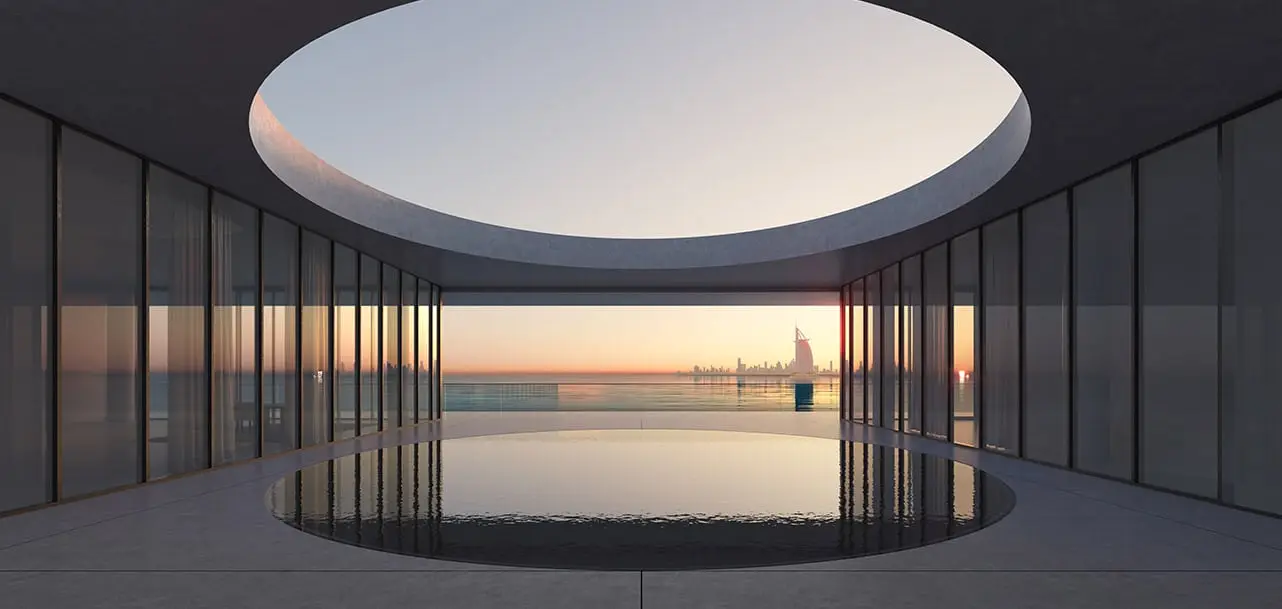 Interior courtyard with reflecting pool in a presidential suite — Armani Beach Residences