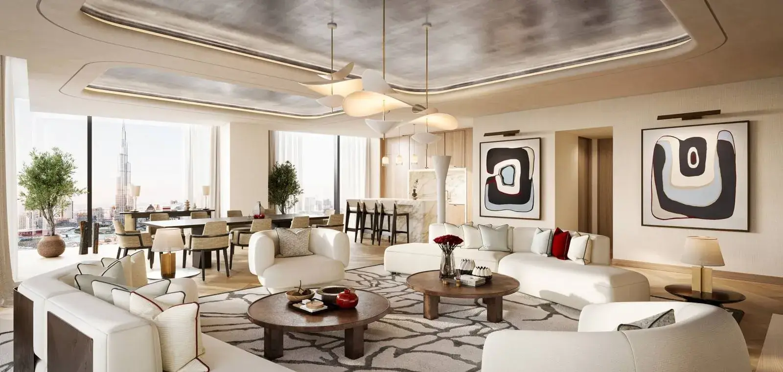 Living and dining room of a Baccarat Residences apartment with Burj Khalifa views, Downtown Dubai