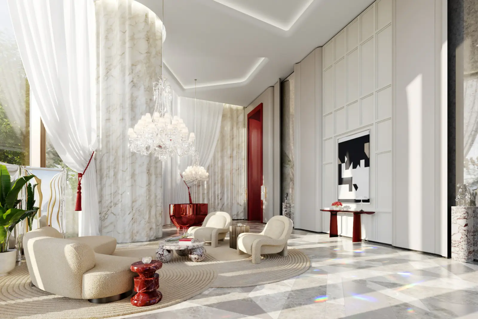 Marble lobby with Baccarat crystal chandeliers and signature red furniture, Downtown Dubai