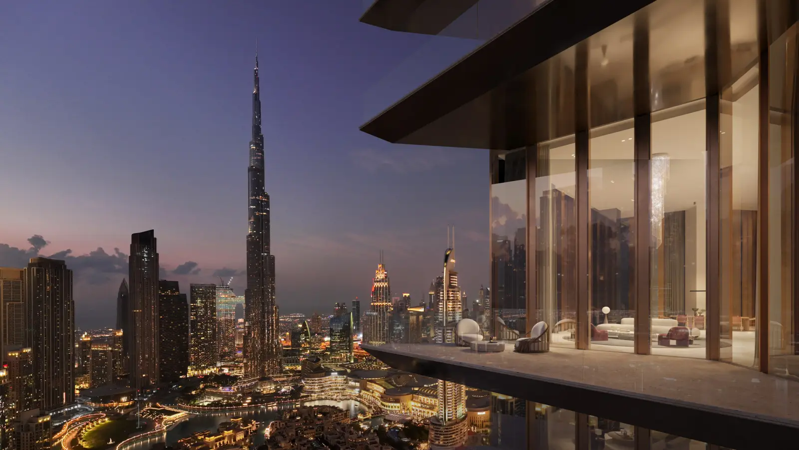 Terrace of a Baccarat Residences penthouse at dusk, Burj Khalifa view, Downtown Dubai