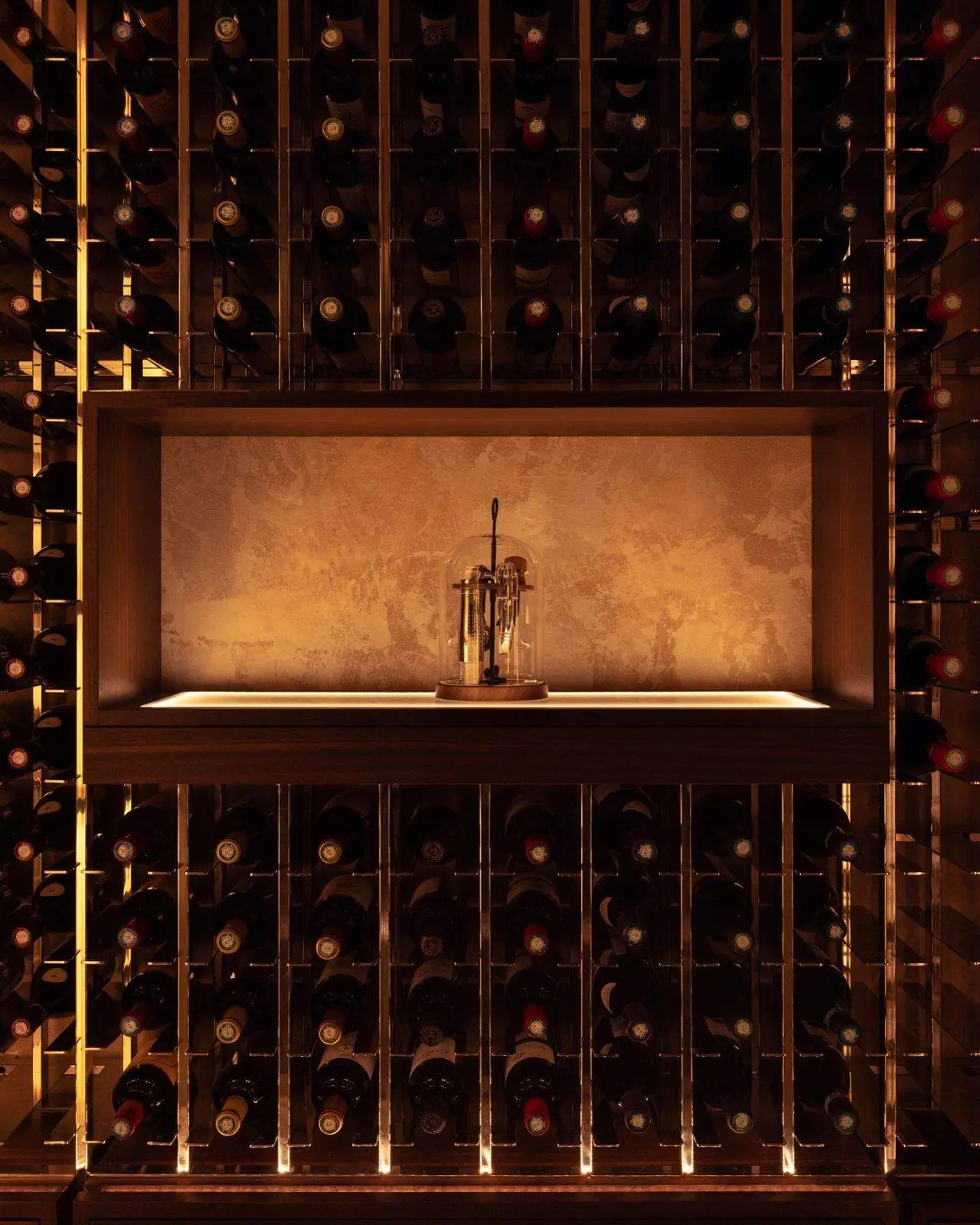 The backlit wall of bottles in the cellar — Maison Bauchart