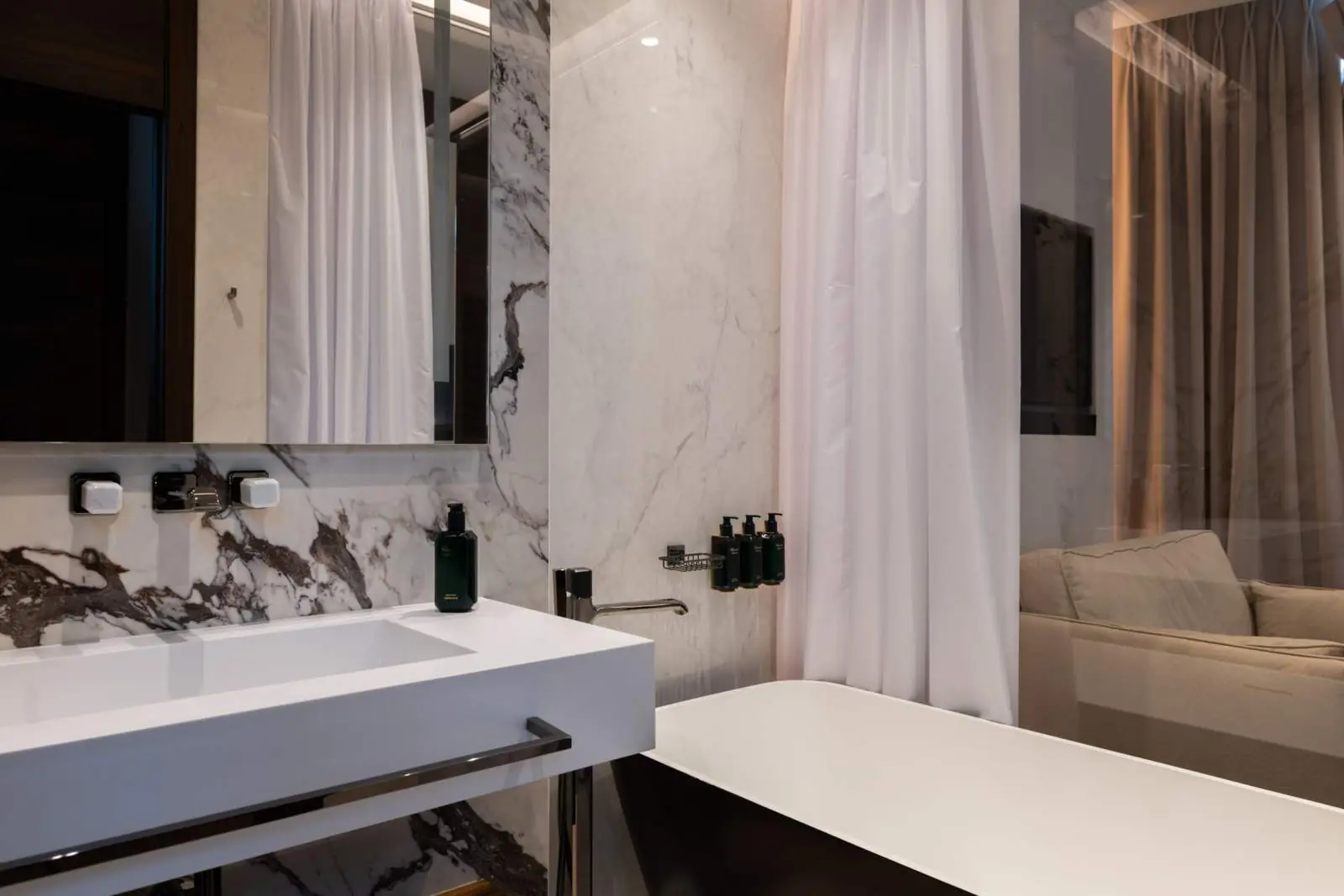 Chaillot Duplex Loft, the marble bathroom — Maison Bauchart, Paris 8th