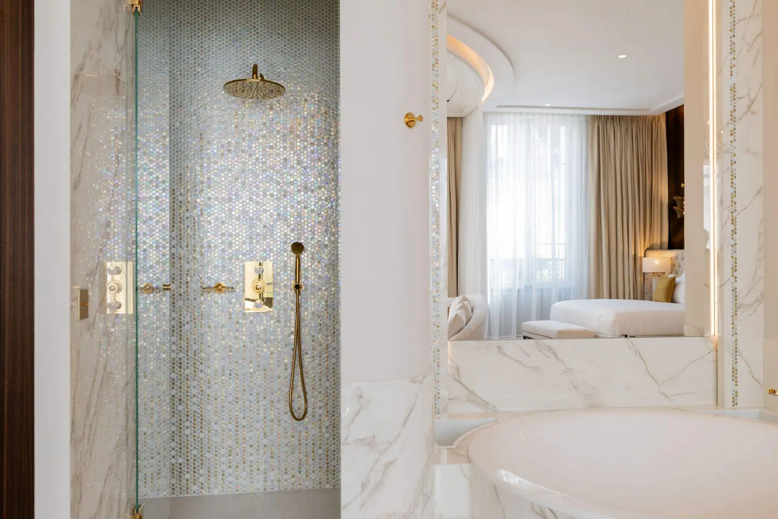 Signature Suite Elysée, the shower in pearlescent mosaic — Maison Bauchart, Paris 8th