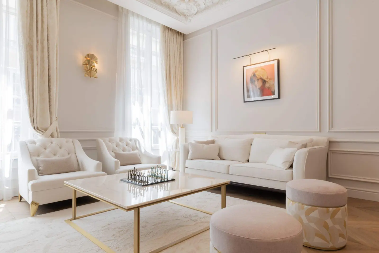 The white moulded drawing room — Galliera Suite, Maison Bauchart