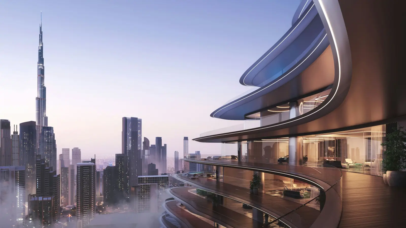 Curved balcony with a sunset view of Burj Khalifa — Bugatti Residences