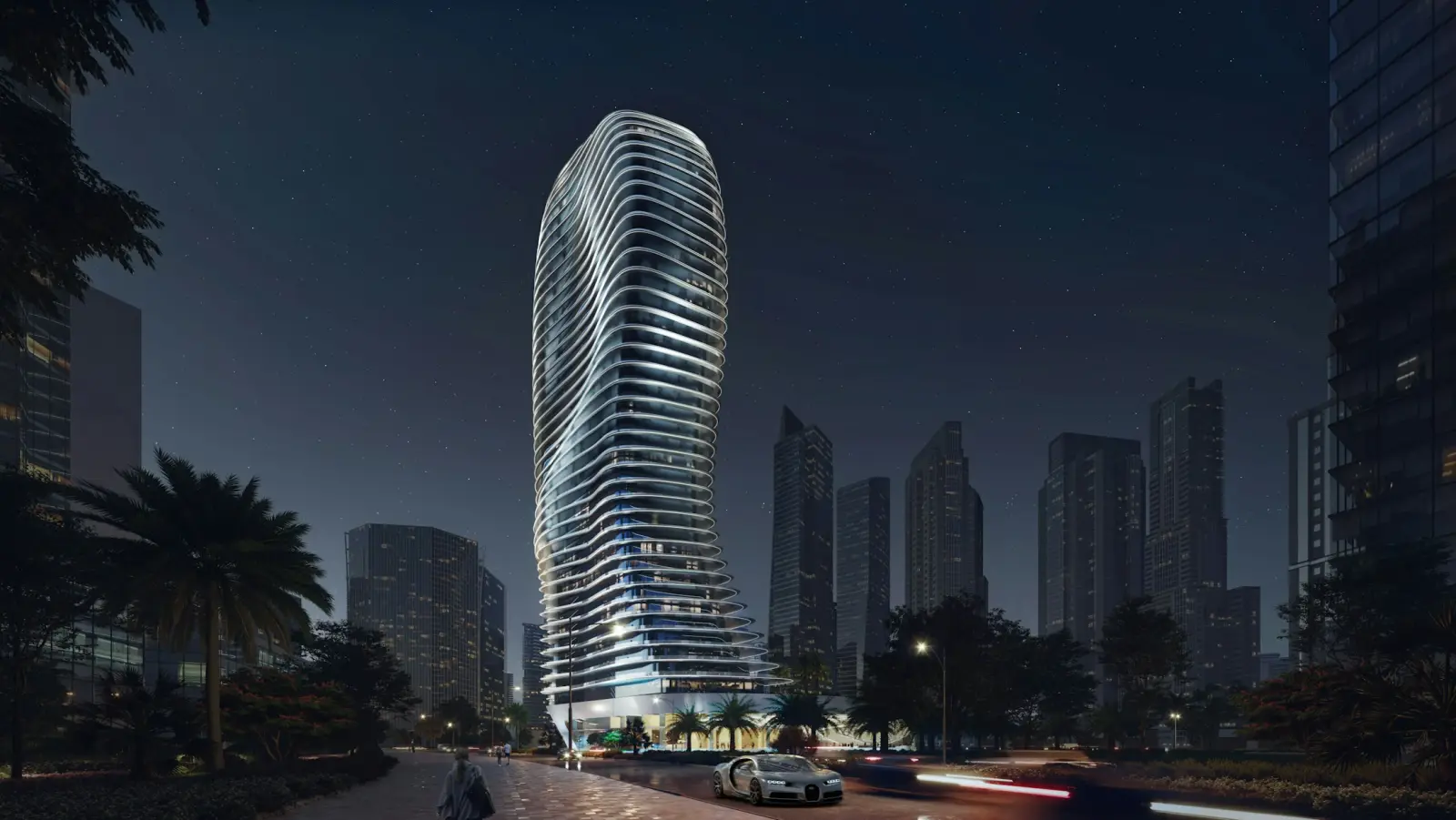 Bugatti Residences by Binghatti at dusk, Business Bay, Dubai