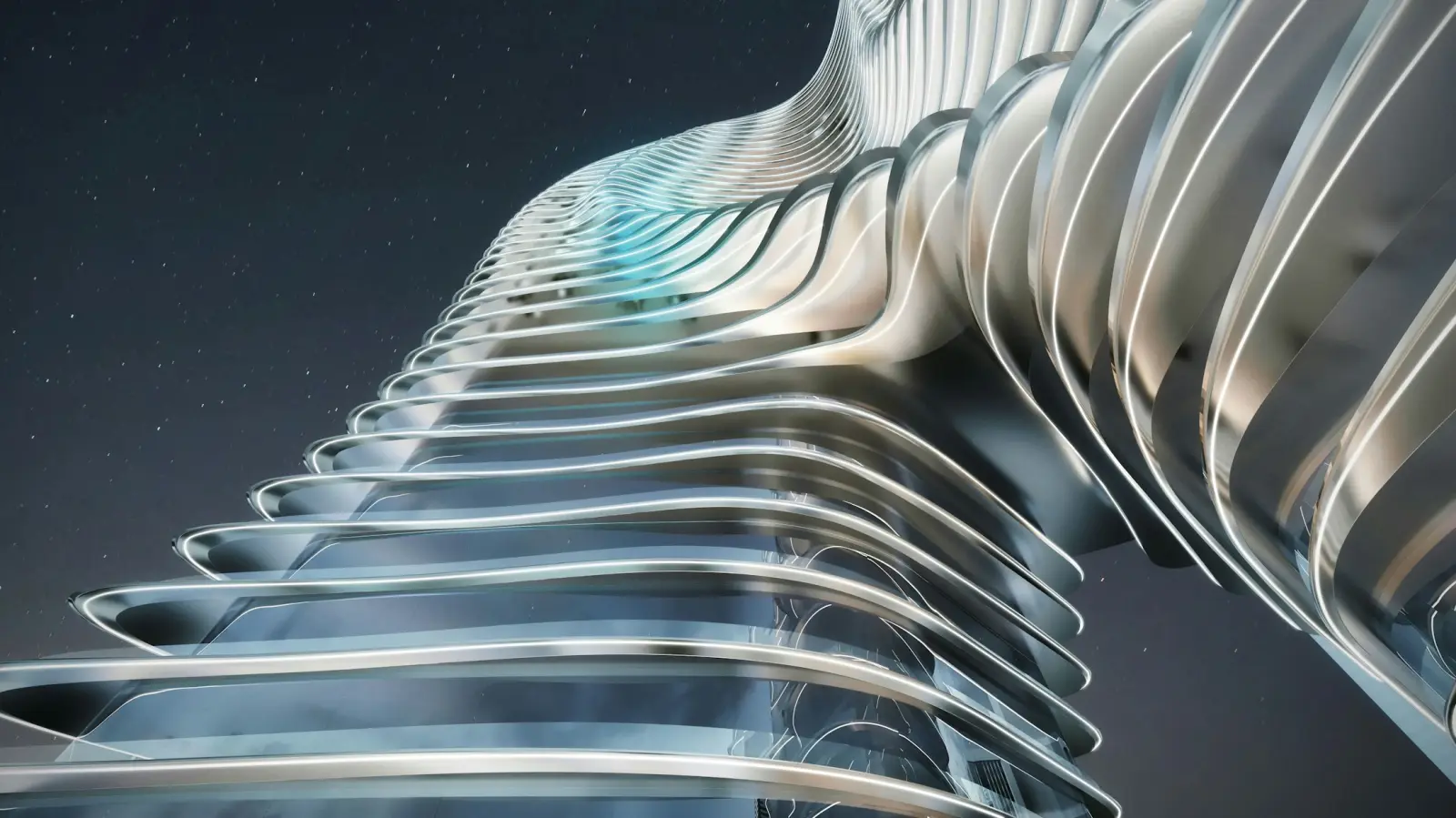 Sculpted ribbon façade detail of Bugatti Residences by Binghatti, Business Bay, Dubai