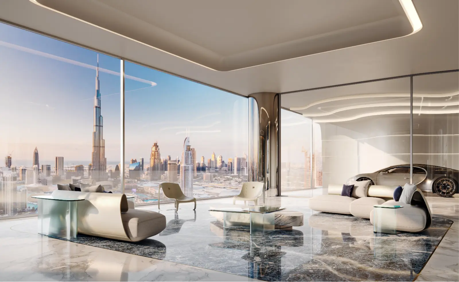 Living room with a car on display and a view of Burj Khalifa — Bugatti Residences garage-to-penthouse concept