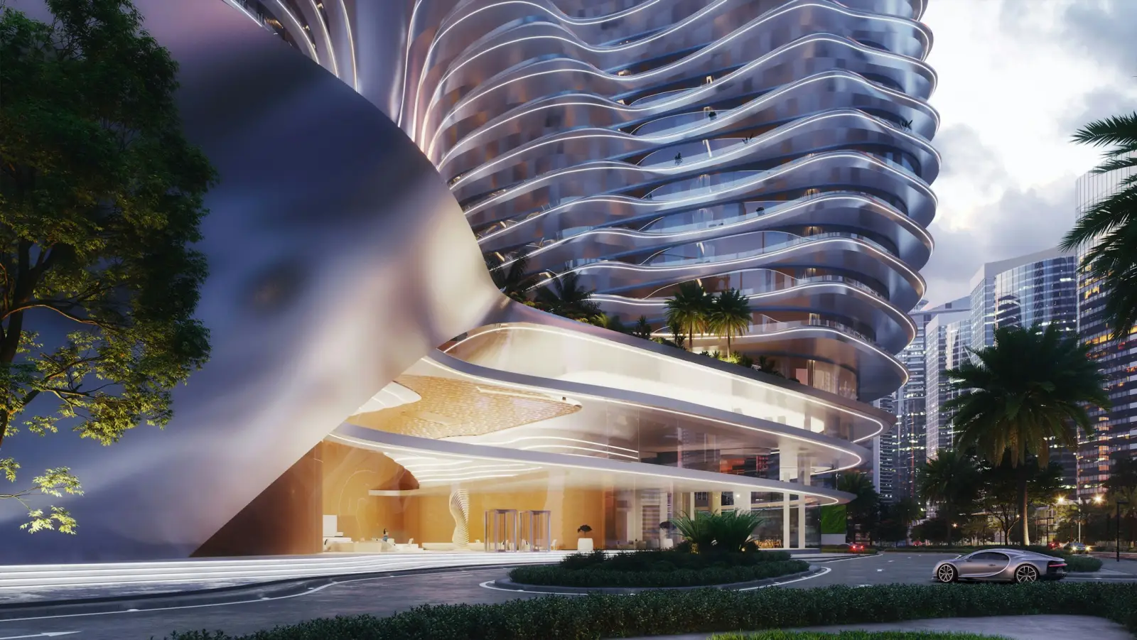 Lobby and porte-cochère of Bugatti Residences by Binghatti, Business Bay