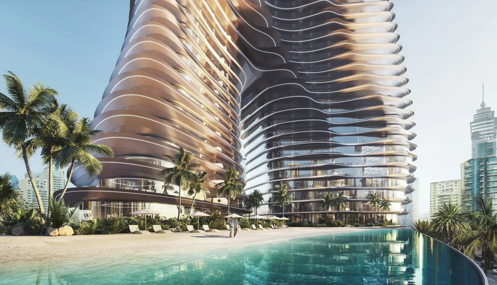 Private Riviera beach and infinity pool at the base of Bugatti Residences by Binghatti, Business Bay