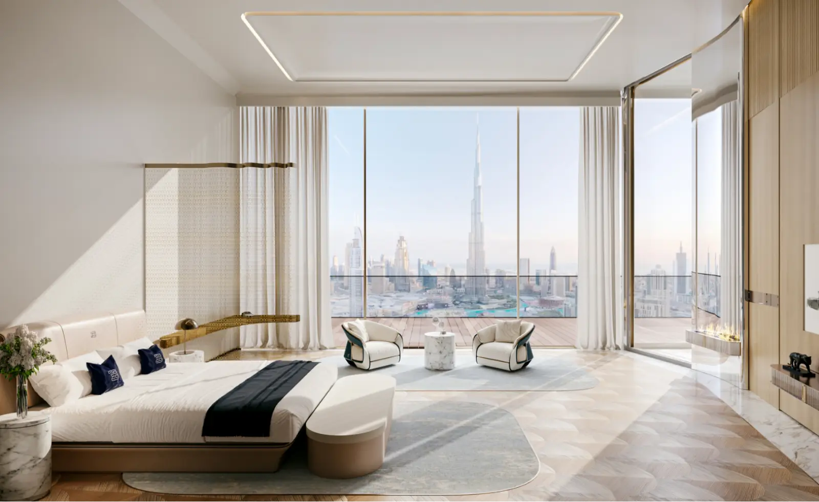Bedroom in a Riviera Mansion with a view of Burj Khalifa — Bugatti Residences