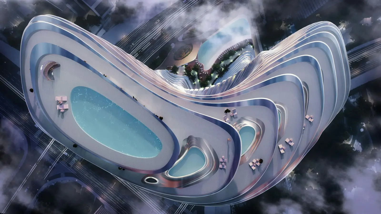 Aerial view of the Sky Mansion Penthouses' pools, Bugatti Residences by Binghatti