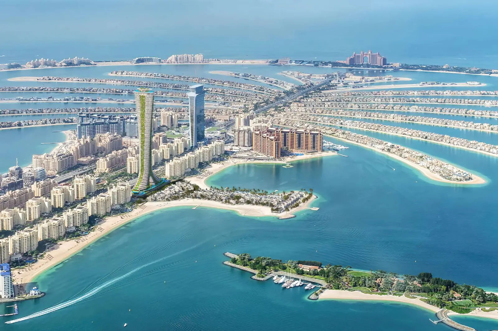Aerial view of Palm Jumeirah with the Como Residences tower rising from the Crescent, Dubai