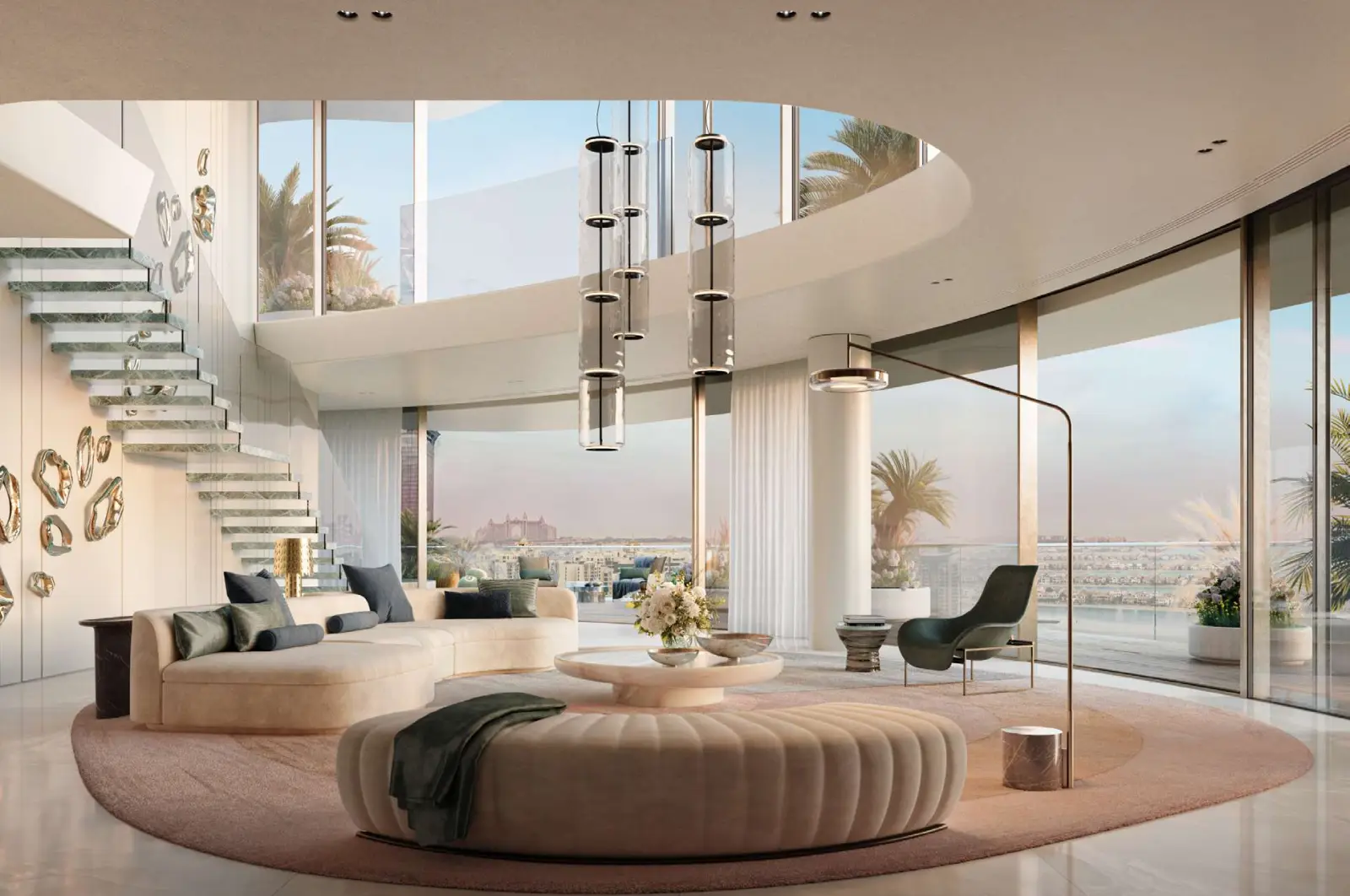 Suspended staircase in a signature duplex at Como Residences, Palm Jumeirah, Dubai