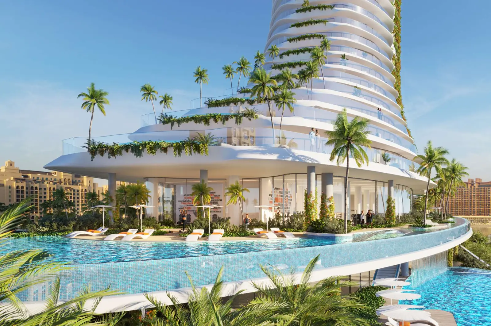 Wrap-around balconies and landscaped terraces at Como Residences, Palm Jumeirah, Dubai