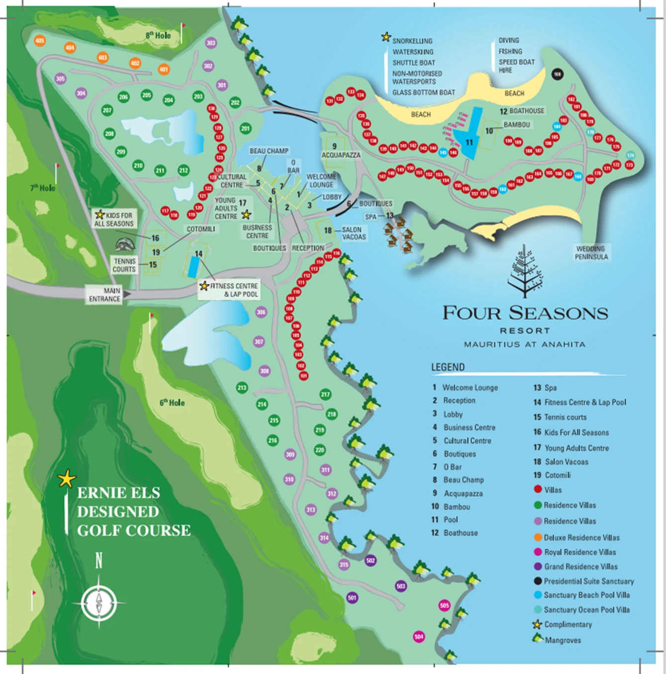 Site plan of the Four Seasons Resort Mauritius at Anahita — residence villas, golf, beach and lagoon