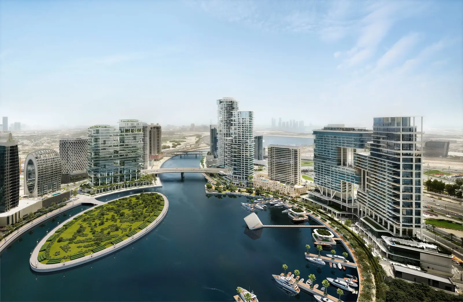 Vue aérienne de l'île de Marasi Bay et de la tour Vela Viento, Business Bay, Dubaï