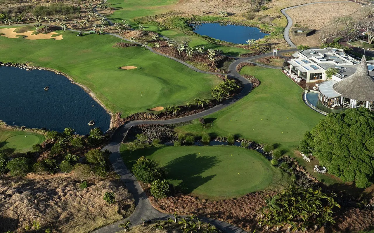 Aerial view of the Mont Choisy estate — golf, clubhouse and nature, Grand Baie, Mauritius