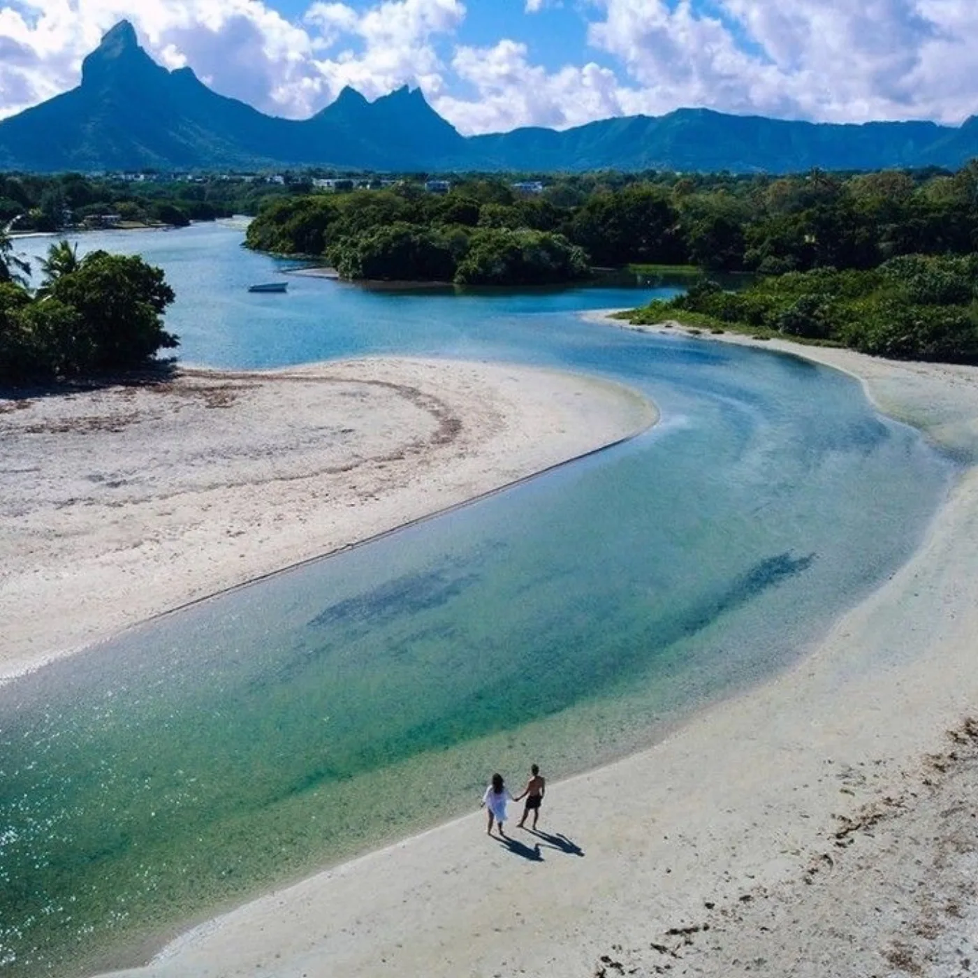 Tamarin estuary and beach with views of Montagne du Rempart and Trois Mamelles, west coast of Mauritius