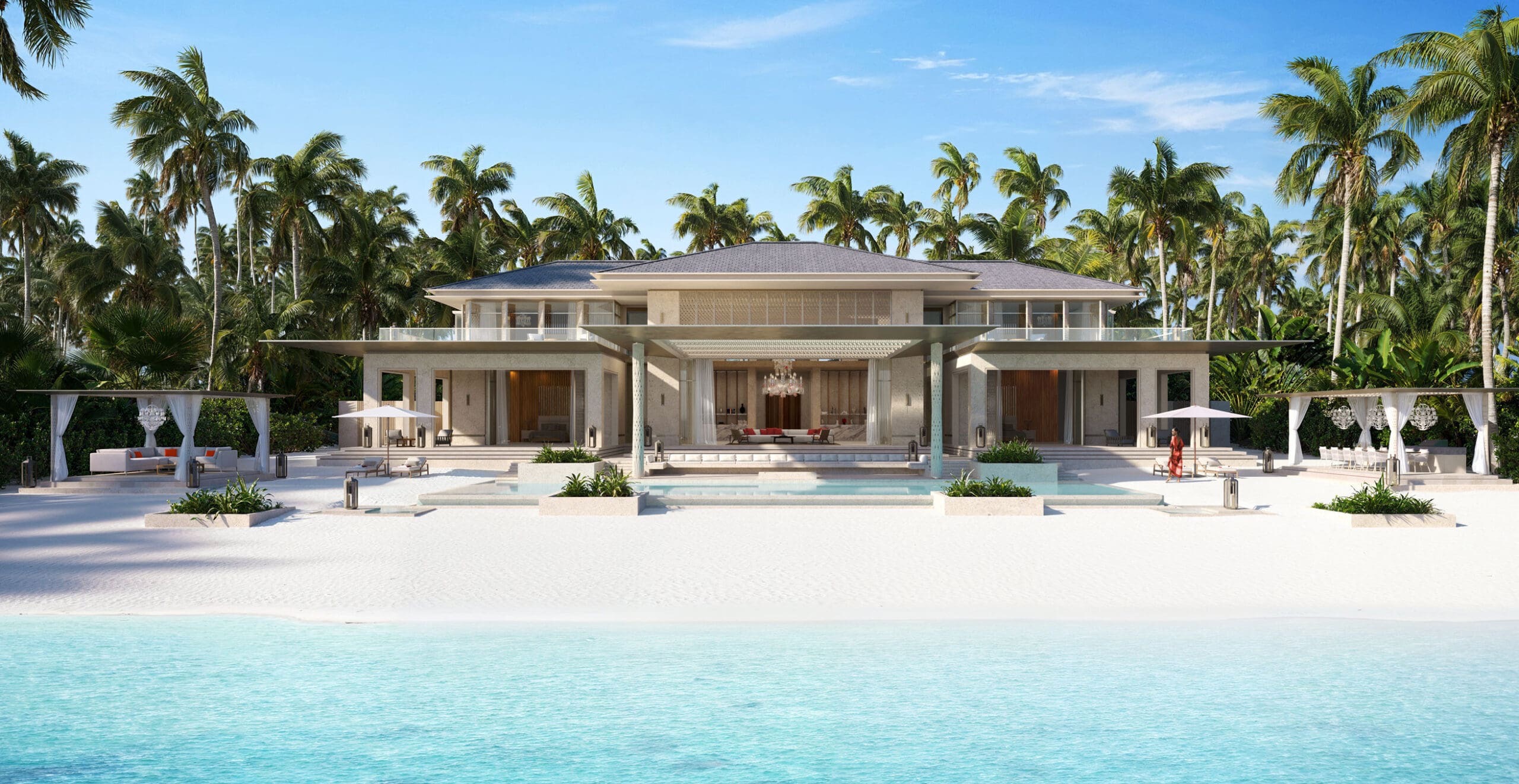 Baccarat 3-bedroom beach residence Maldives — two-storey exterior with 20 metre private pool and yoga pavilion